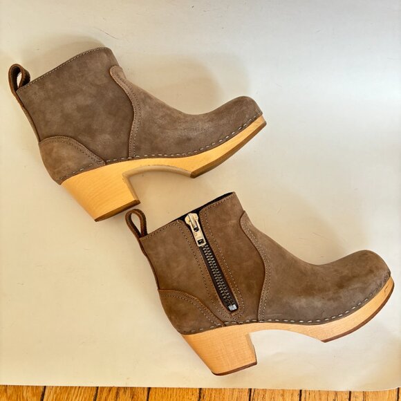 Swedish Hasbeens Boots Heel Zip It Emy Clog Toffel Ankle Taupe Tan Suede 38 8 - Picture 2 of 14